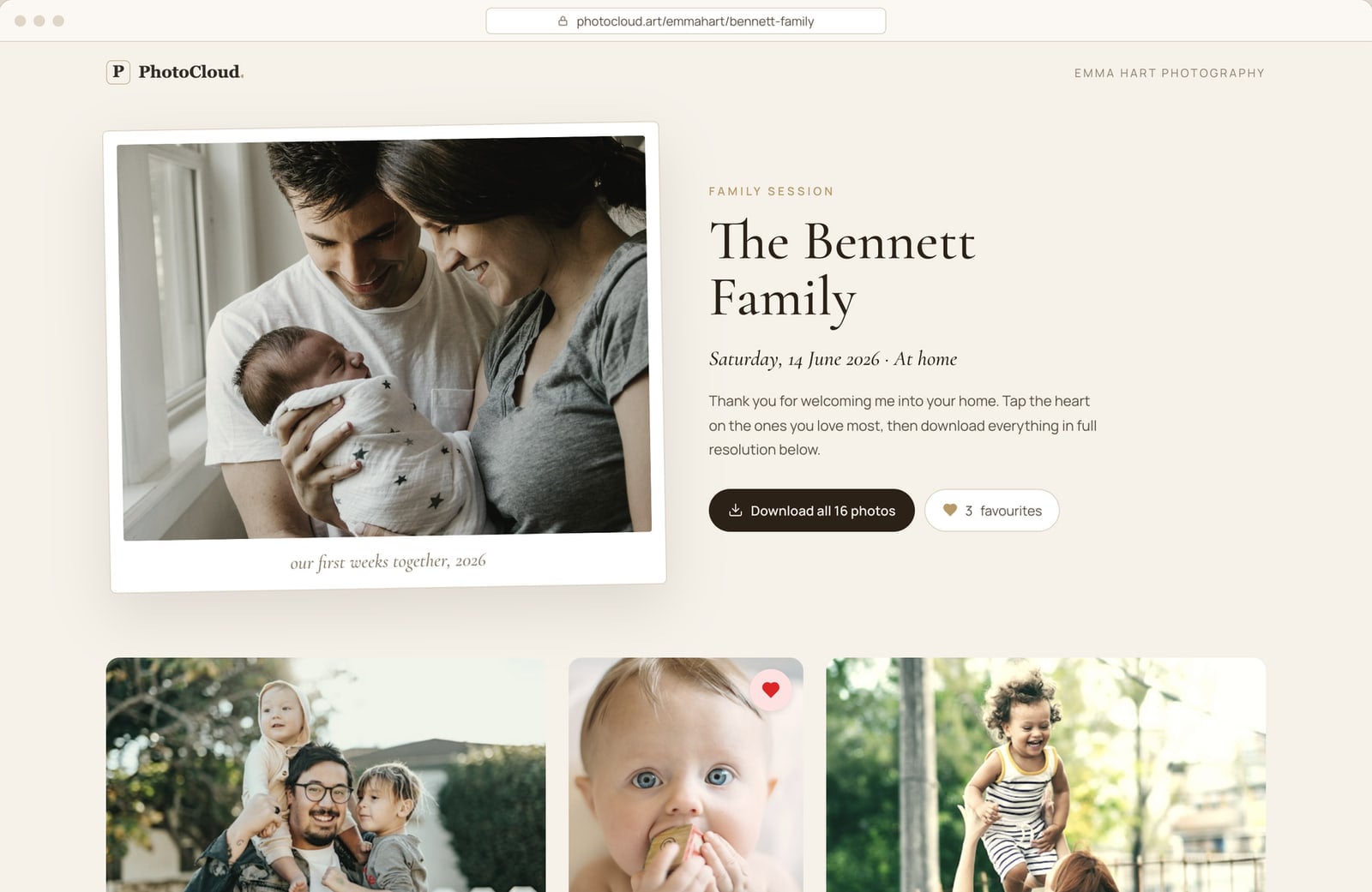 A PhotoCloud client gallery open in a browser, showing a family session cover photo, a download button and the photos the client marked as favorites